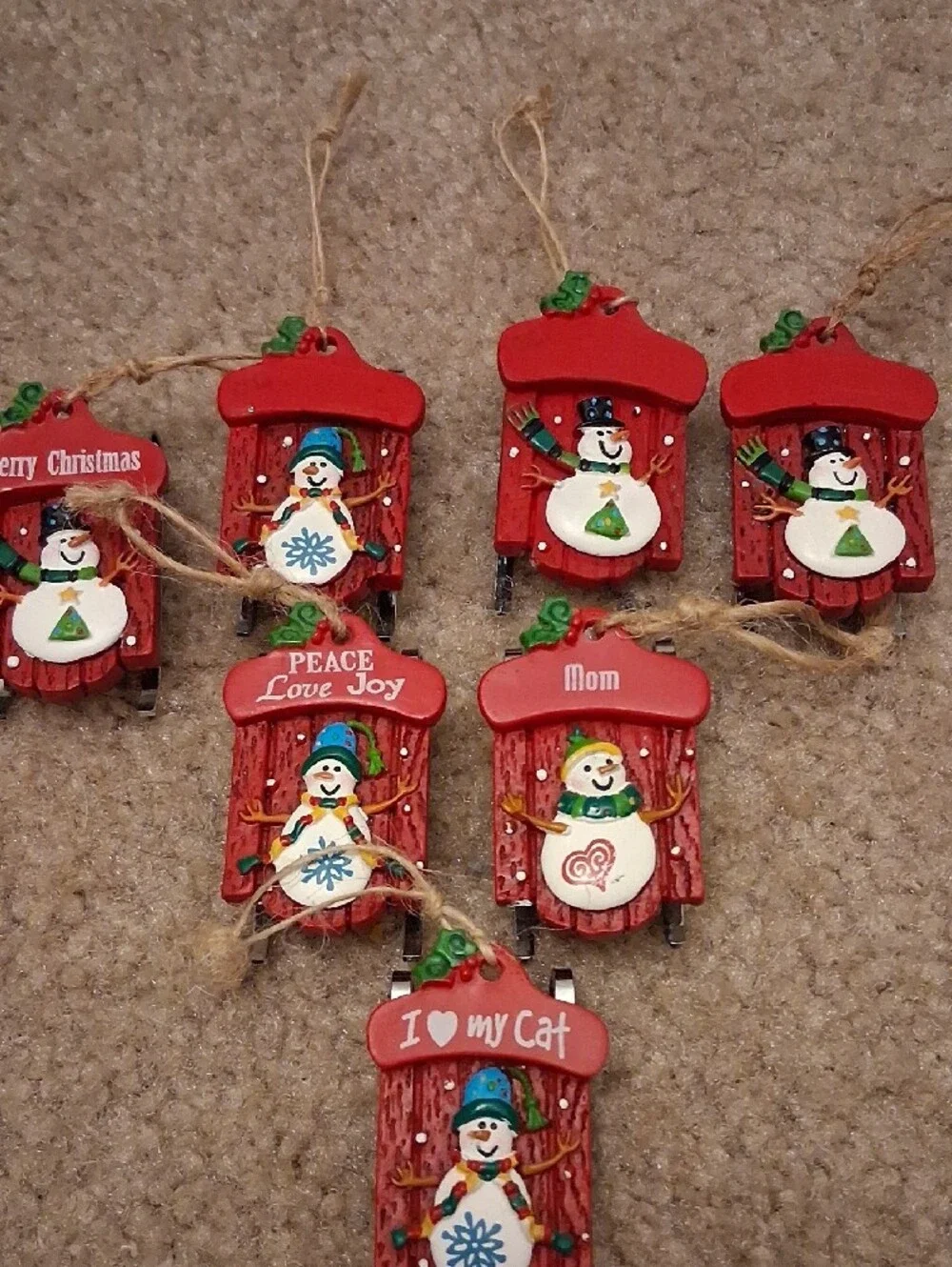 Red Snowman Sled Ornaments - Set of 8